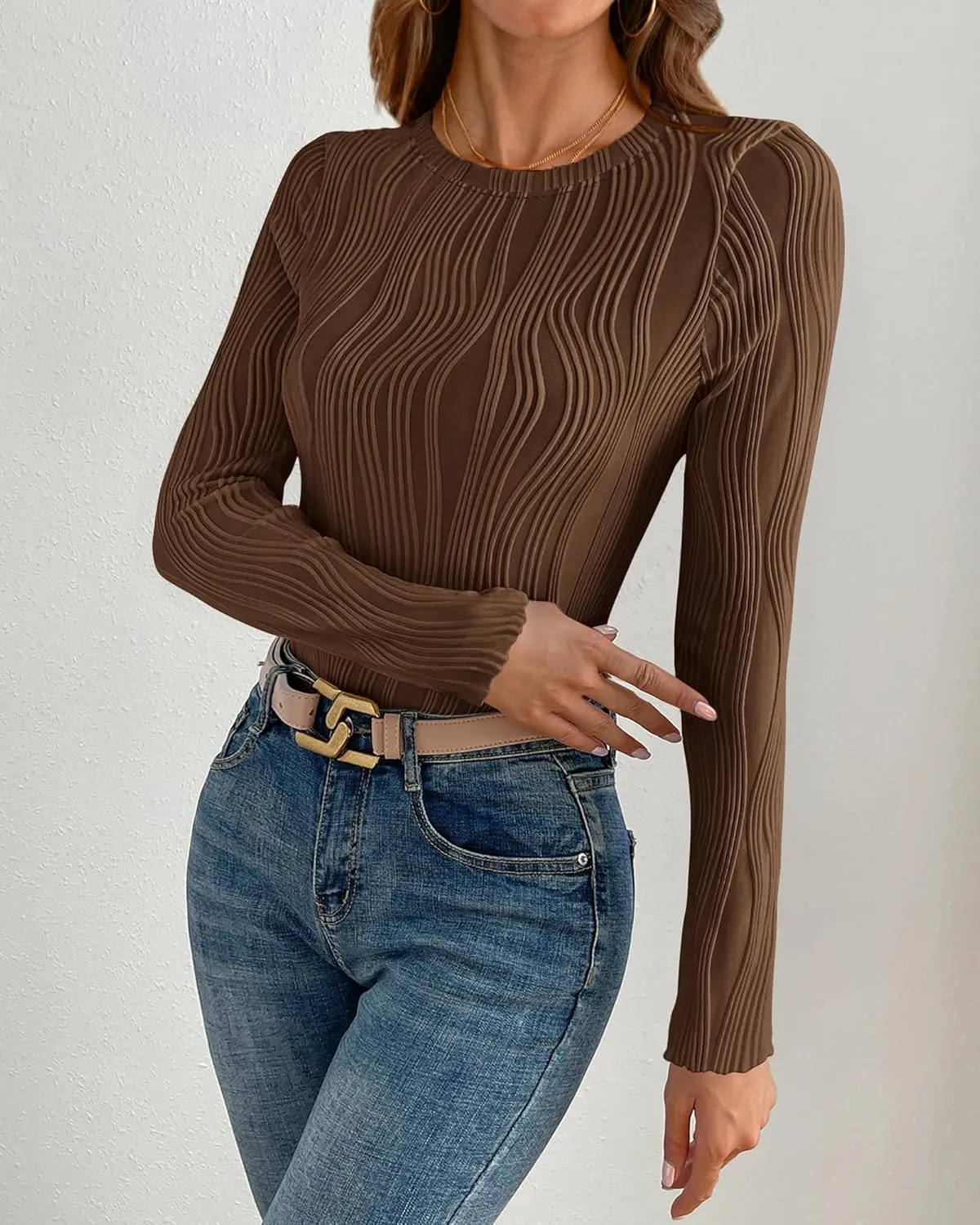 PRETTYGARDEN Women's Tops 2025 Spring Fashion Long Sleeve Crewneck Blouses Slim Fit Shirts Textured Knit Basic T Shirts