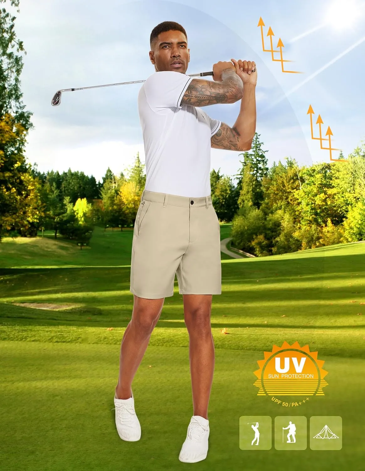 PULI Men's Golf Dress Shorts Flat Front Hybrid 7 Inch Lightweight Quick Dry Chino Casual with Pockets