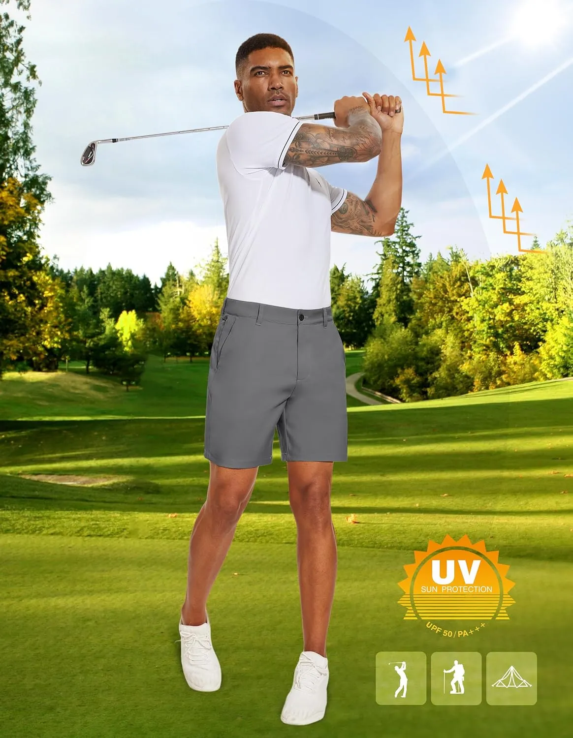 PULI Men's Golf Dress Shorts Flat Front Hybrid 7 Inch Lightweight Quick Dry Chino Casual with Pockets