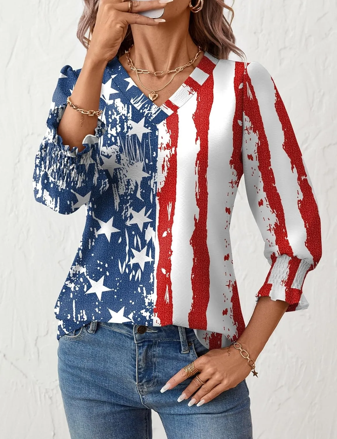 Rapbin 3/4 Length Sleeve Womens Tops Summer Trendy Puff-Sleeve V-Neck Blouses Dressy Casual Textured Smocked T-Shirt