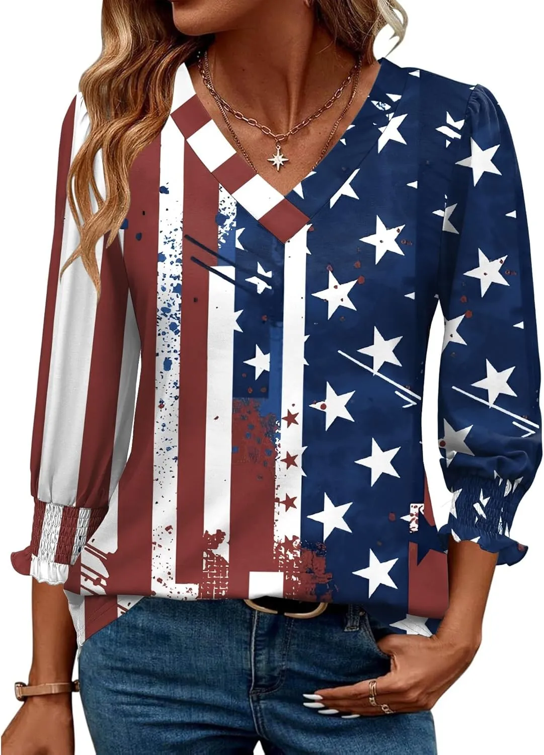 Rapbin 3/4 Length Sleeve Womens Tops Summer Trendy Puff-Sleeve V-Neck Blouses Dressy Casual Textured Smocked T-Shirt