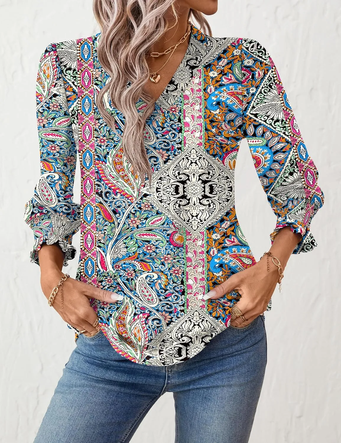 Rapbin 3/4 Length Sleeve Womens Tops Summer Trendy Puff-Sleeve V-Neck Blouses Dressy Casual Textured Smocked T-Shirt
