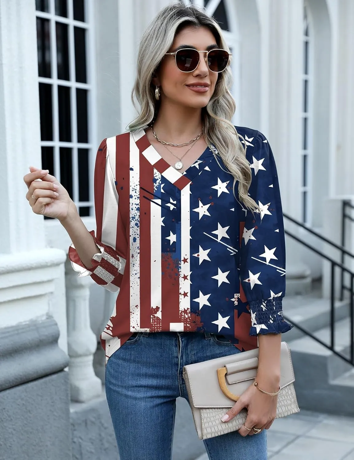 Rapbin 3/4 Length Sleeve Womens Tops Summer Trendy Puff-Sleeve V-Neck Blouses Dressy Casual Textured Smocked T-Shirt