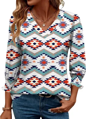 Rapbin 3/4 Length Sleeve Womens Tops Summer Trendy Puff-Sleeve V-Neck Blouses Dressy Casual Textured Smocked T-Shirt
