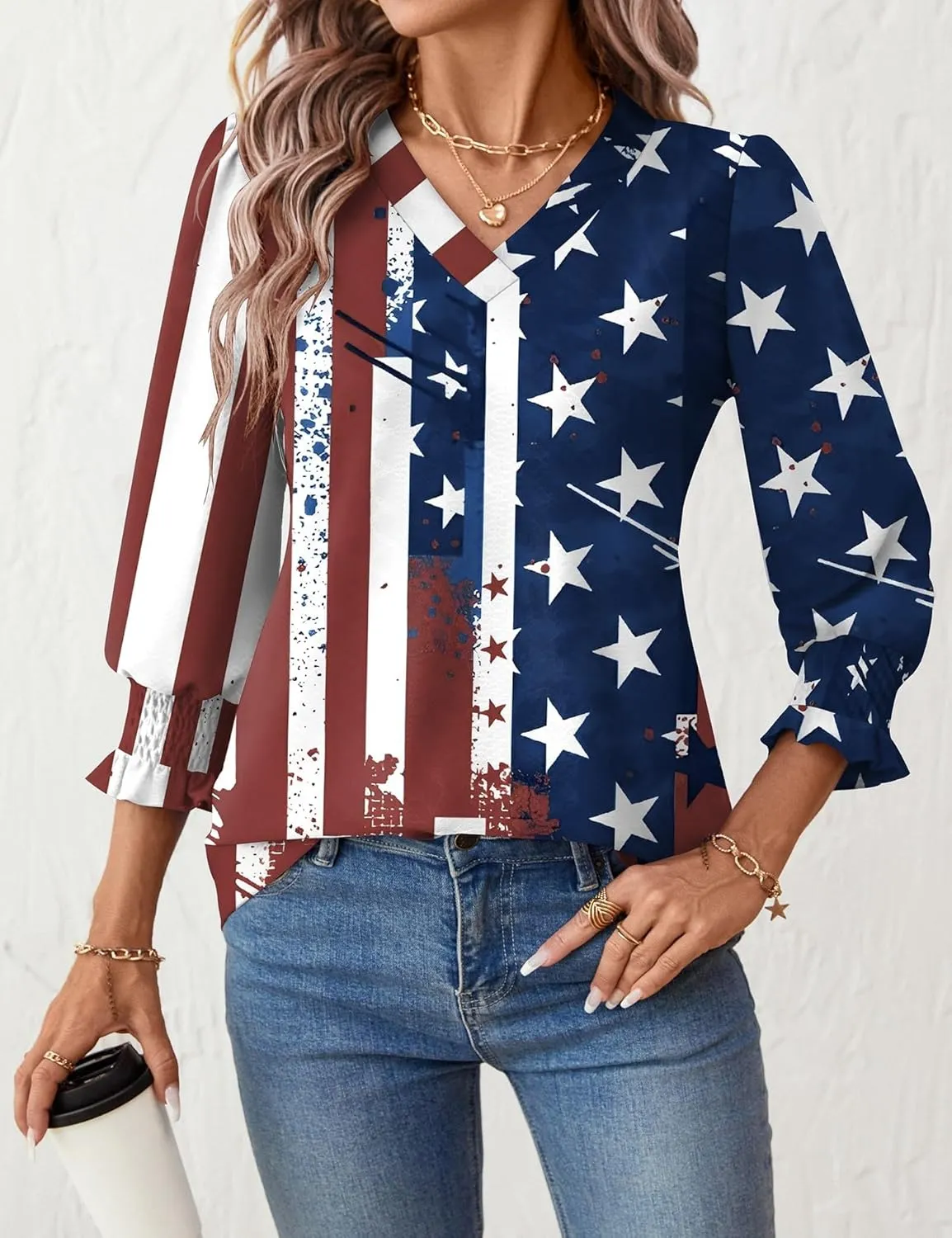 Rapbin 3/4 Length Sleeve Womens Tops Summer Trendy Puff-Sleeve V-Neck Blouses Dressy Casual Textured Smocked T-Shirt