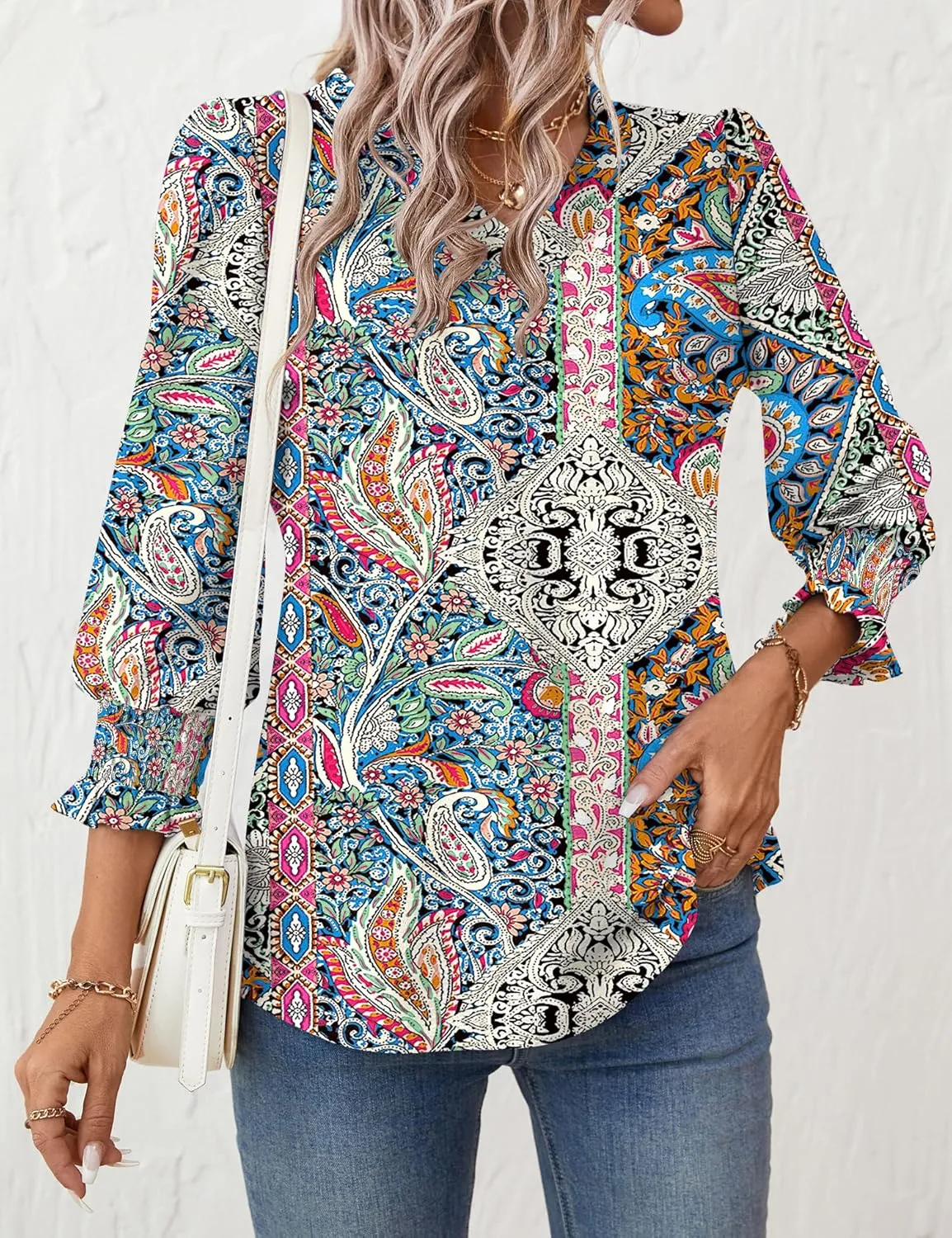 Rapbin 3/4 Length Sleeve Womens Tops Summer Trendy Puff-Sleeve V-Neck Blouses Dressy Casual Textured Smocked T-Shirt