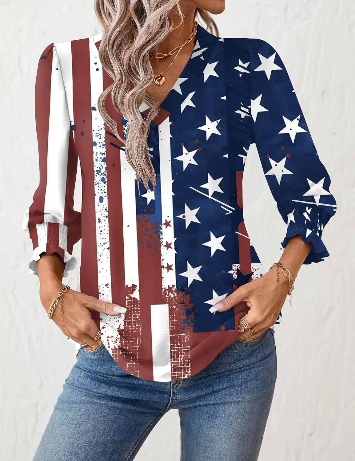 Rapbin 3/4 Length Sleeve Womens Tops Summer Trendy Puff-Sleeve V-Neck Blouses Dressy Casual Textured Smocked T-Shirt
