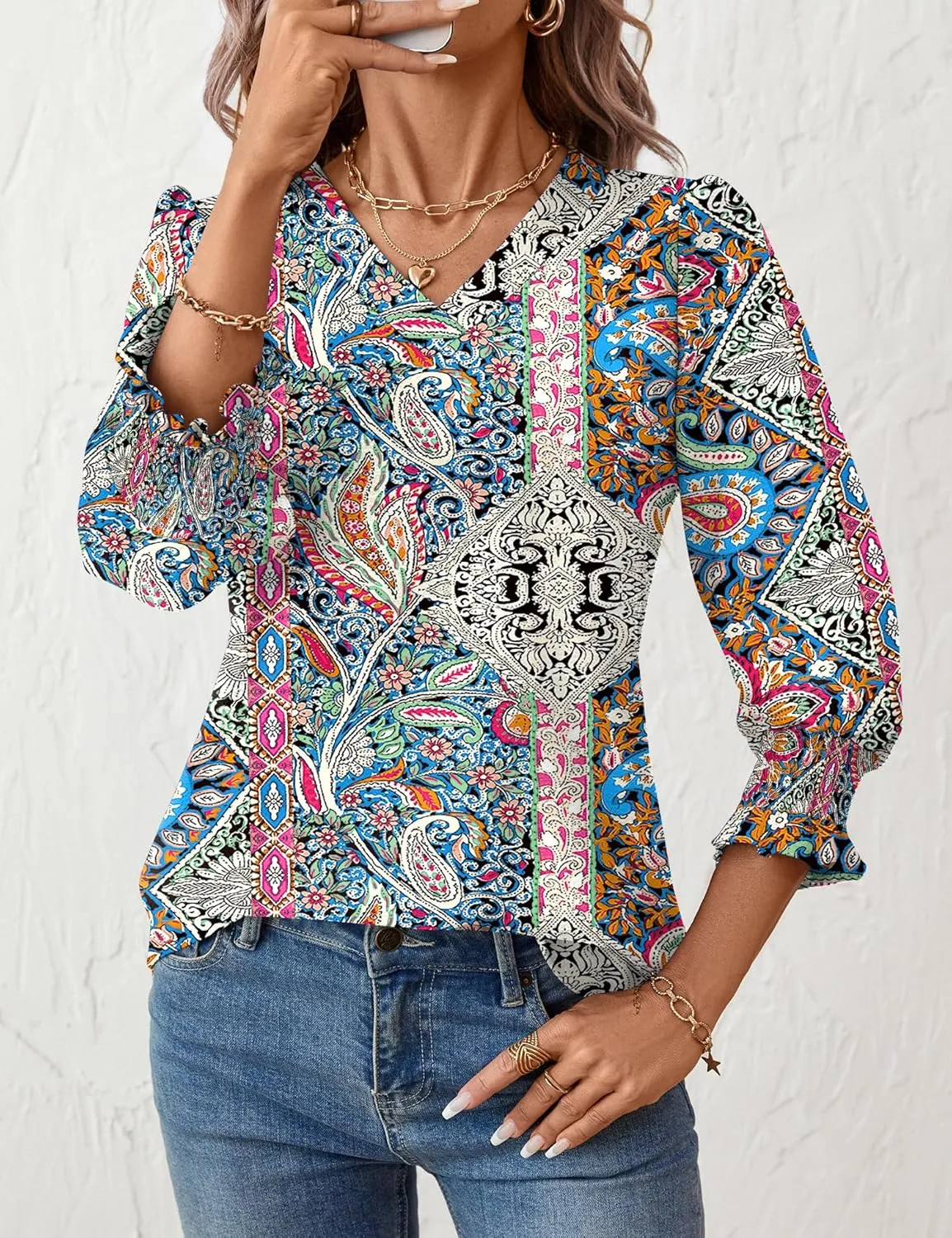 Rapbin 3/4 Length Sleeve Womens Tops Summer Trendy Puff-Sleeve V-Neck Blouses Dressy Casual Textured Smocked T-Shirt