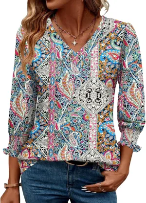 Rapbin 3/4 Length Sleeve Womens Tops Summer Trendy Puff-Sleeve V-Neck Blouses Dressy Casual Textured Smocked T-Shirt