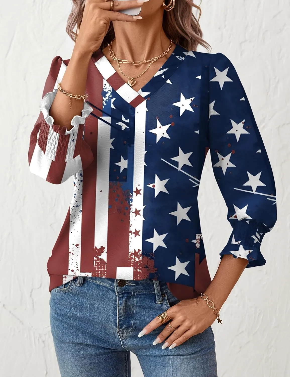 Rapbin 3/4 Length Sleeve Womens Tops Summer Trendy Puff-Sleeve V-Neck Blouses Dressy Casual Textured Smocked T-Shirt