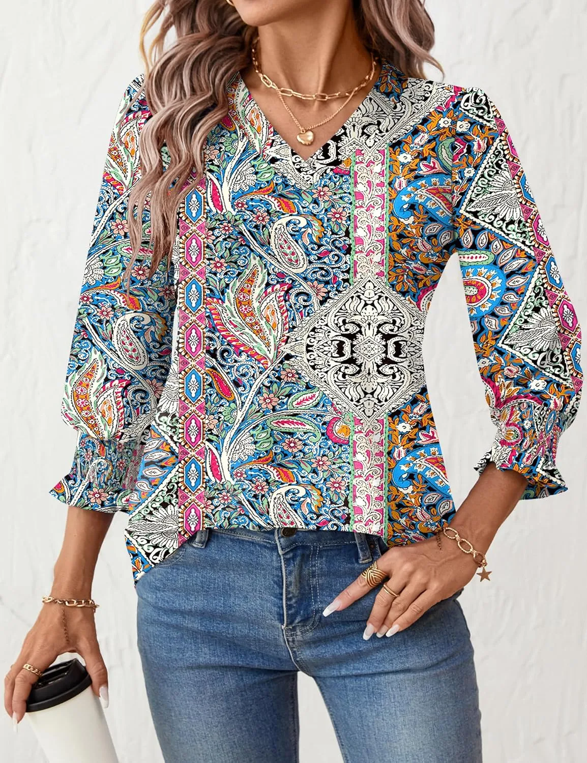 Rapbin 3/4 Length Sleeve Womens Tops Summer Trendy Puff-Sleeve V-Neck Blouses Dressy Casual Textured Smocked T-Shirt