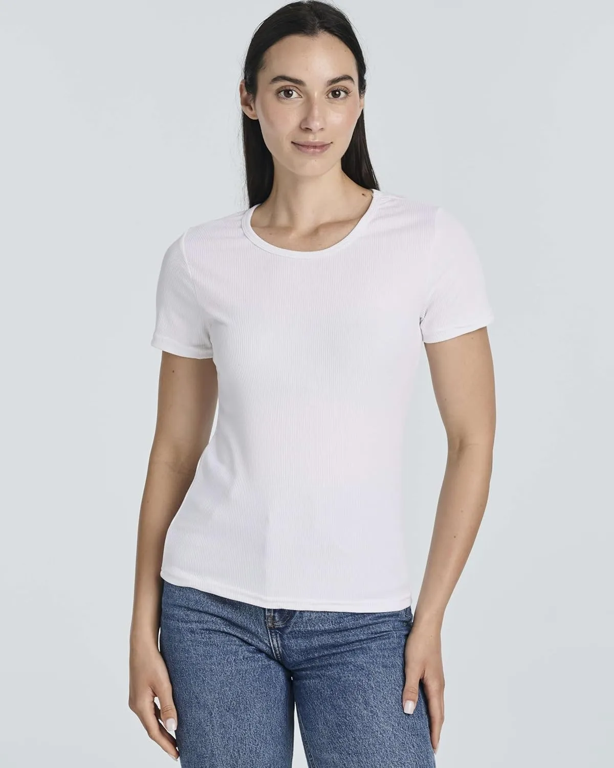 Real Essentials 4 Pack: Women's Ribbed Knit Short Sleeve Crew Neck T-Shirt (Available in Plus)
