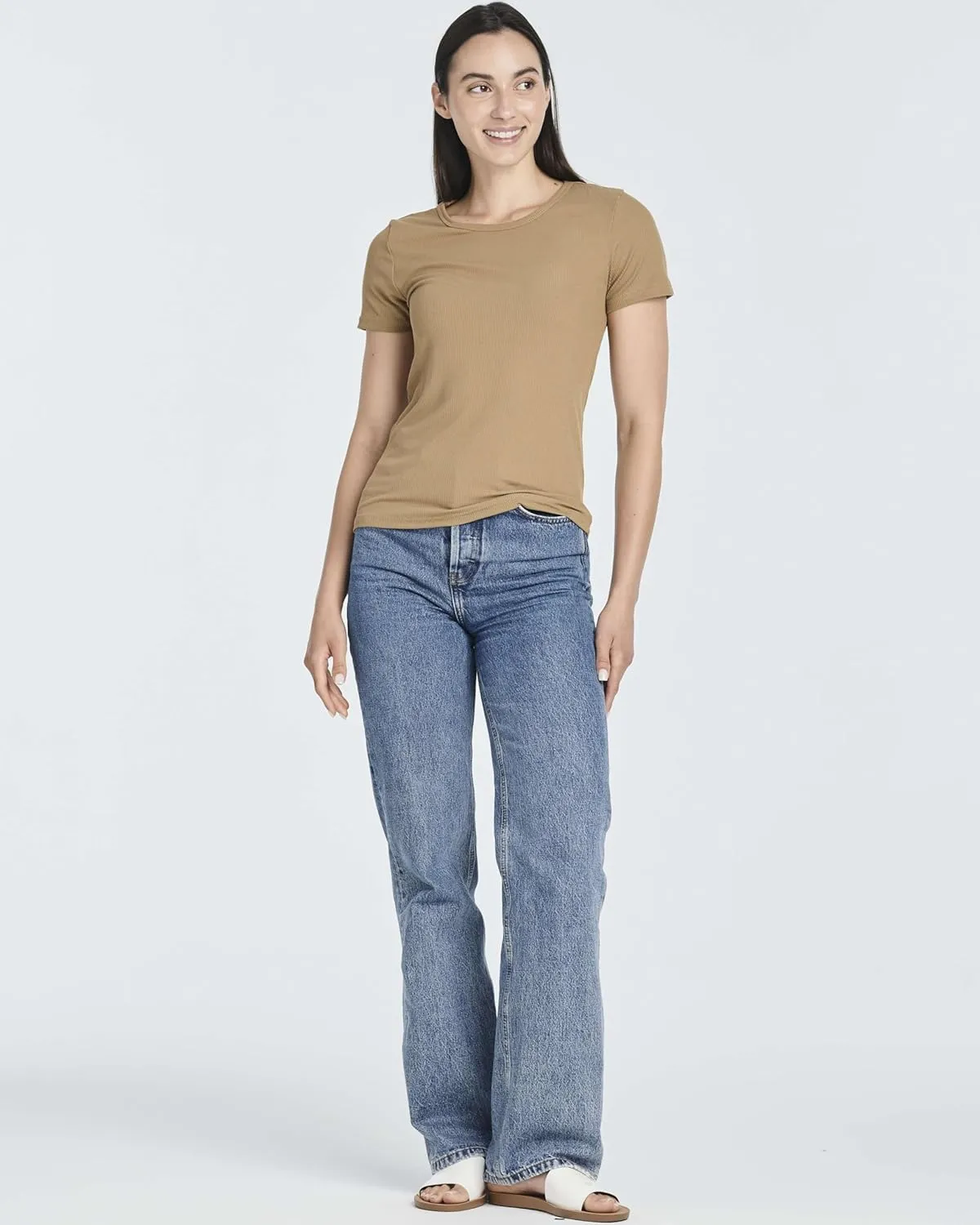 Real Essentials 4 Pack: Women's Ribbed Knit Short Sleeve Crew Neck T-Shirt (Available in Plus)
