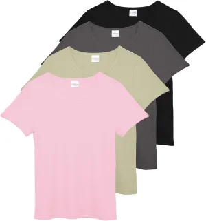 Real Essentials 4 Pack: Women's Ribbed Knit Short Sleeve Crew Neck T-Shirt (Available in Plus)