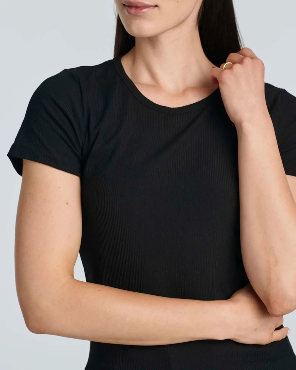 Real Essentials 4 Pack: Women's Ribbed Knit Short Sleeve Crew Neck T-Shirt (Available in Plus)