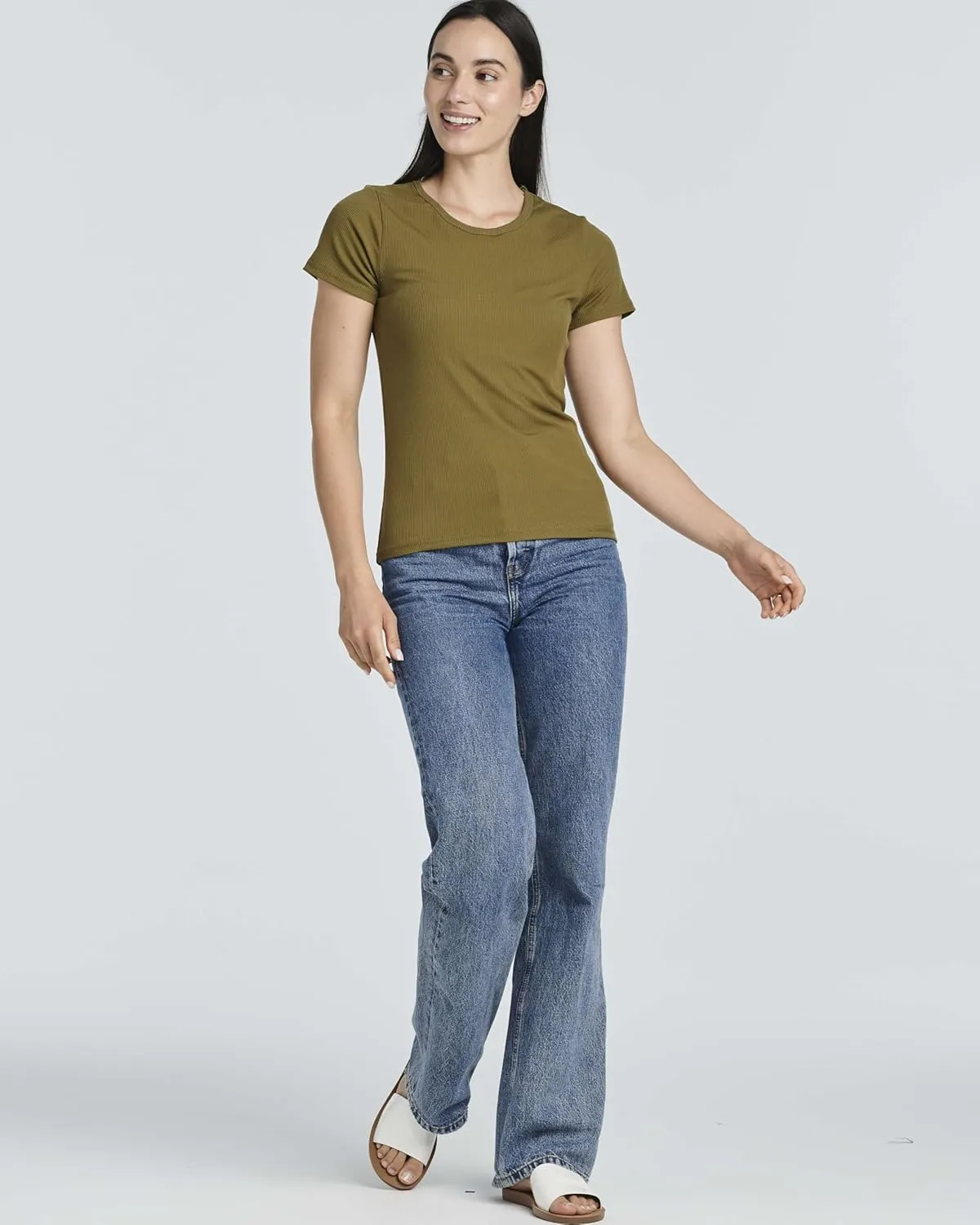 Real Essentials 4 Pack: Women's Ribbed Knit Short Sleeve Crew Neck T-Shirt (Available in Plus)