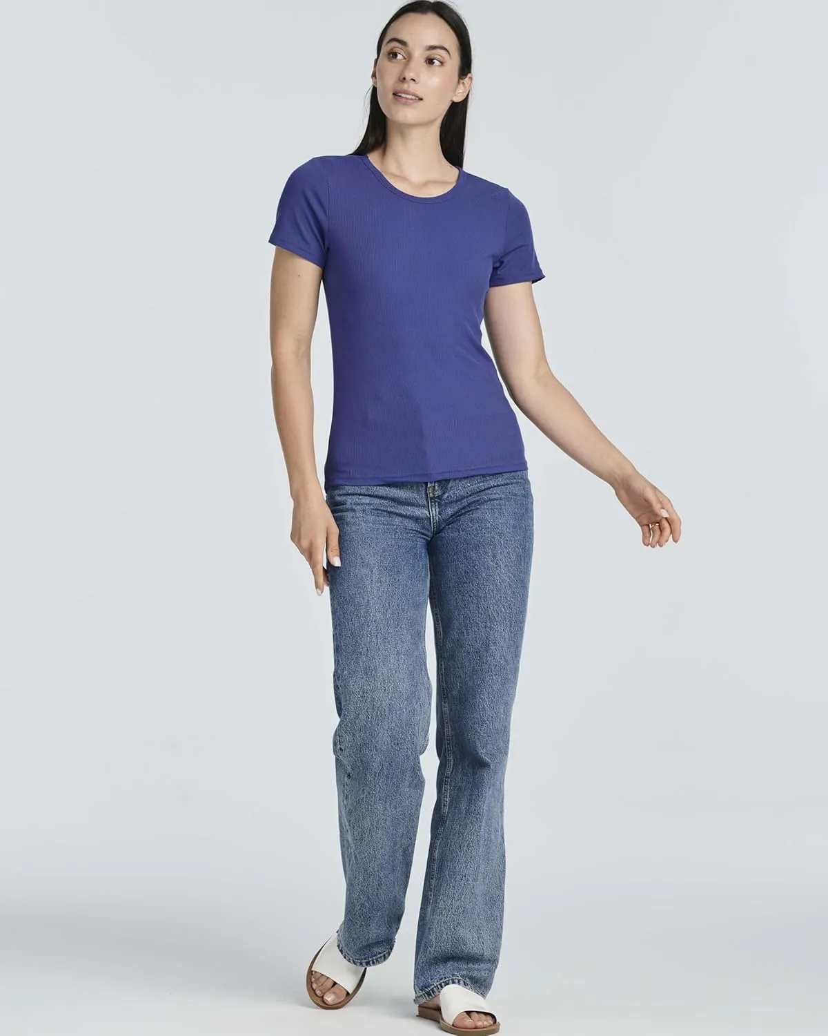 Real Essentials 4 Pack: Women's Ribbed Knit Short Sleeve Crew Neck T-Shirt (Available in Plus)
