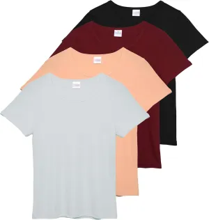 Real Essentials 4 Pack: Women's Ribbed Knit Short Sleeve Crew Neck T-Shirt (Available in Plus)