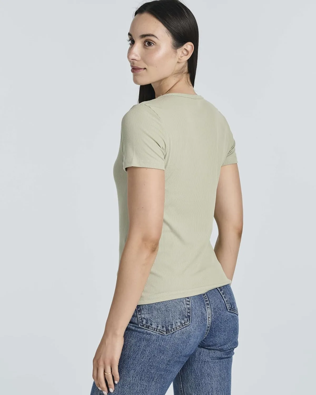 Real Essentials 4 Pack: Women's Ribbed Knit Short Sleeve Crew Neck T-Shirt (Available in Plus)