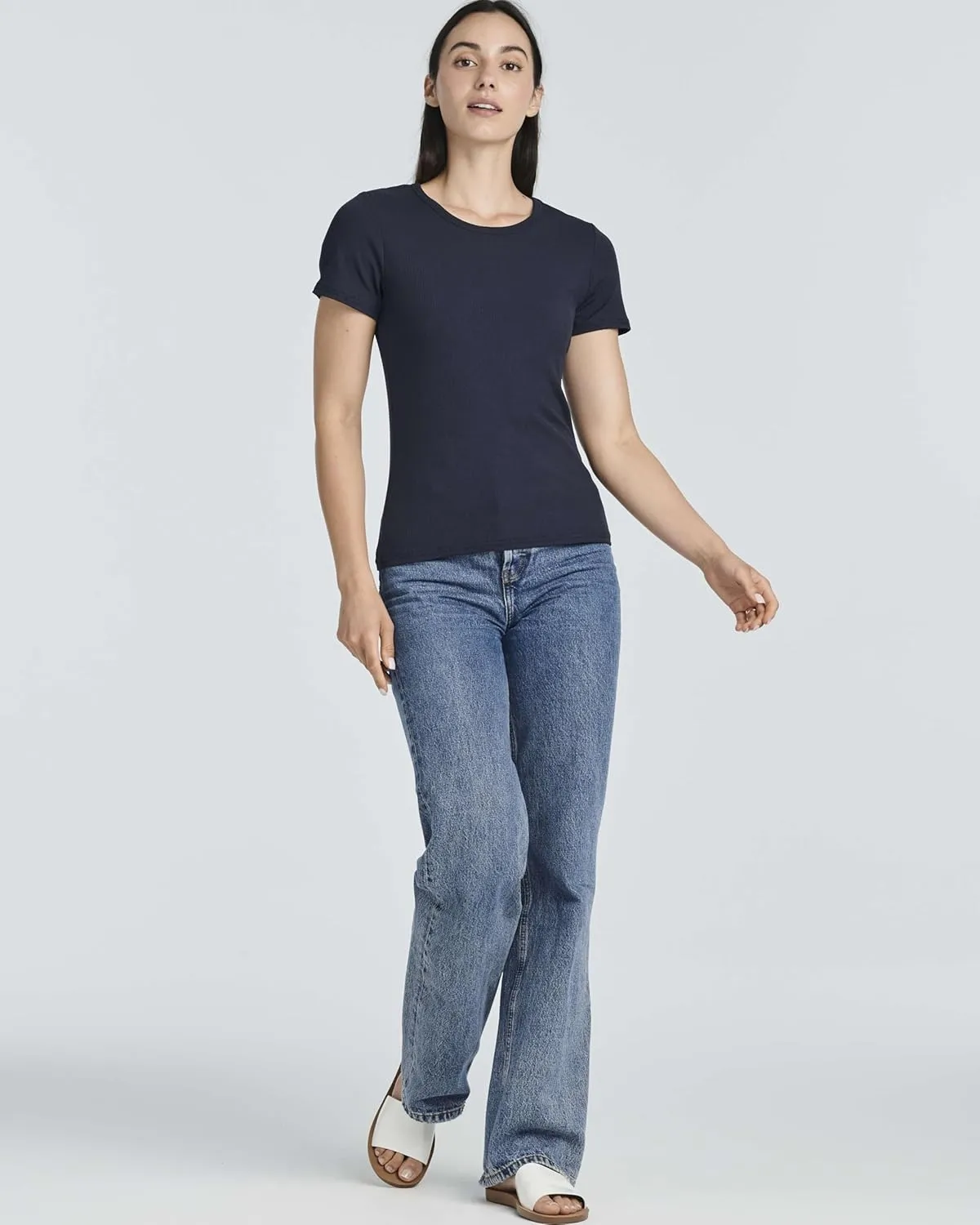 Real Essentials 4 Pack: Women's Ribbed Knit Short Sleeve Crew Neck T-Shirt (Available in Plus)