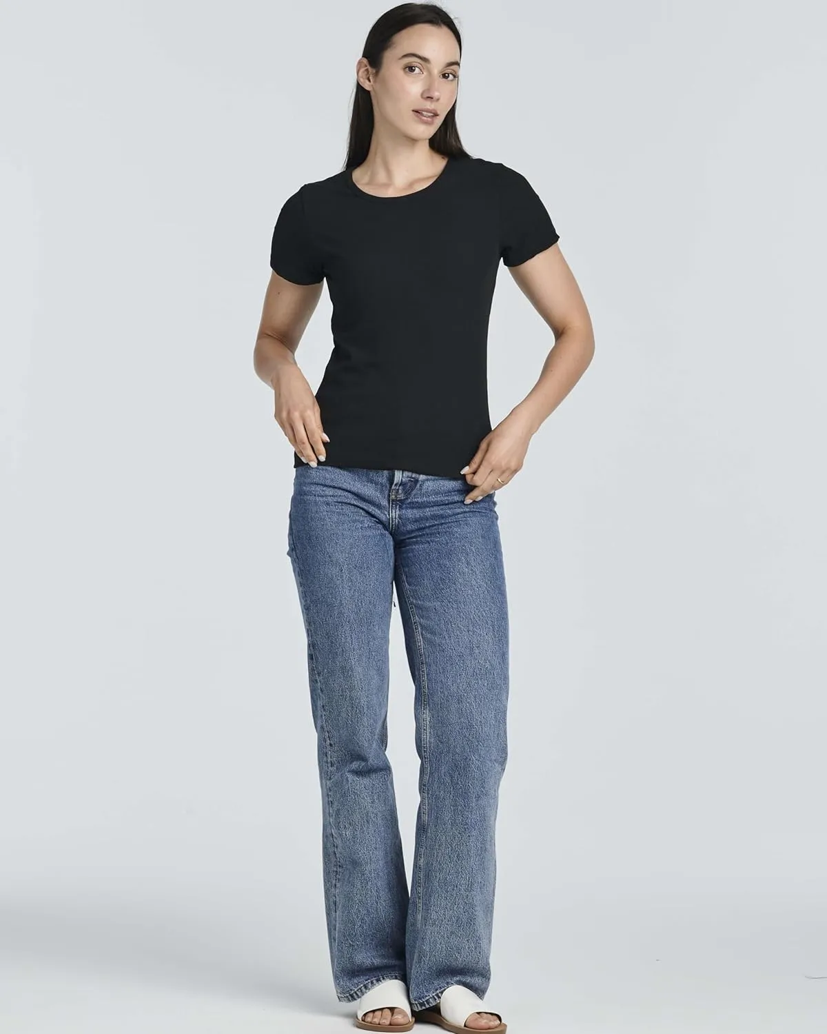 Real Essentials 4 Pack: Women's Ribbed Knit Short Sleeve Crew Neck T-Shirt (Available in Plus)