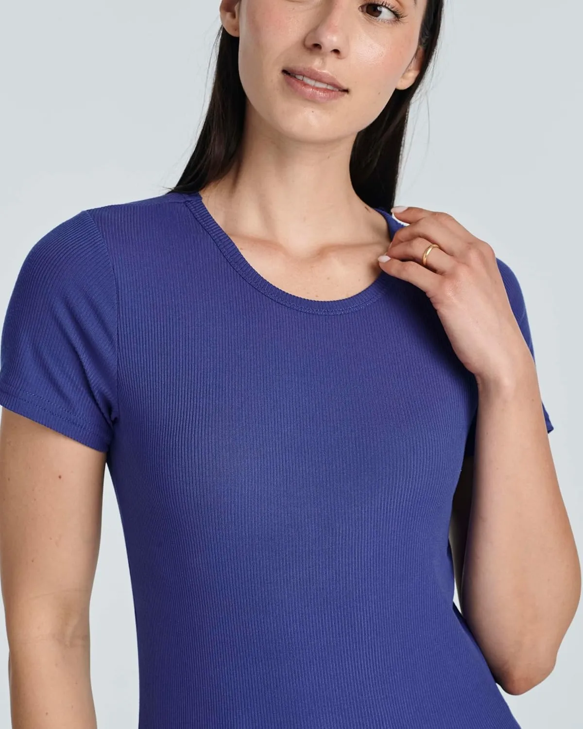 Real Essentials 4 Pack: Women's Ribbed Knit Short Sleeve Crew Neck T-Shirt (Available in Plus)