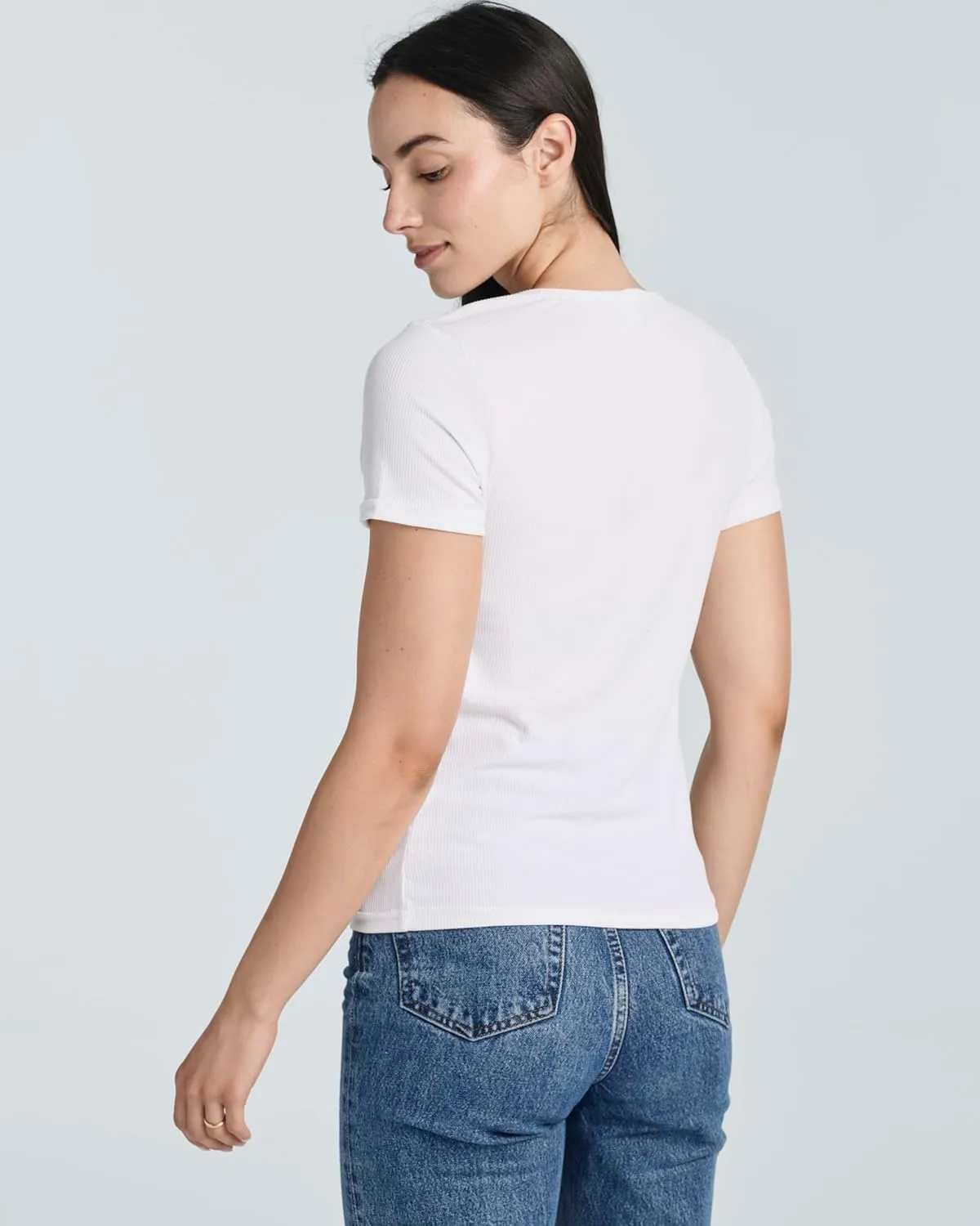 Real Essentials 4 Pack: Women's Ribbed Knit Short Sleeve Crew Neck T-Shirt (Available in Plus)