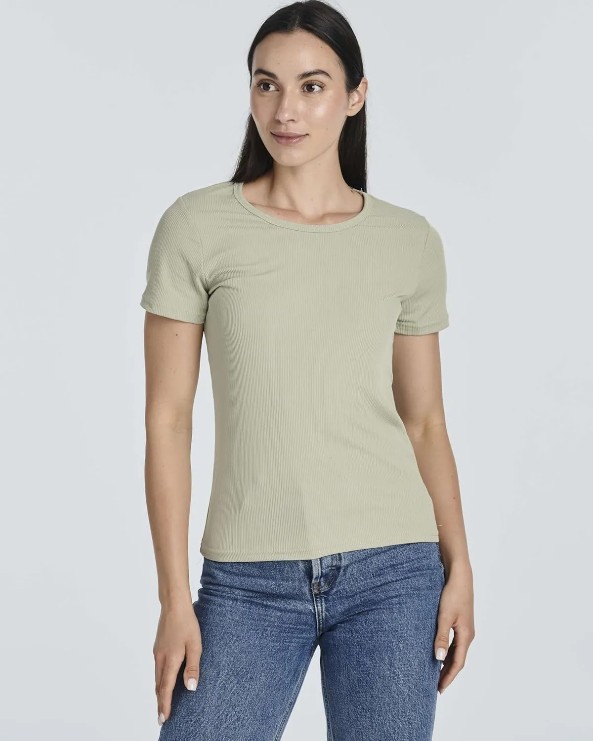 Real Essentials 4 Pack: Women's Ribbed Knit Short Sleeve Crew Neck T-Shirt (Available in Plus)