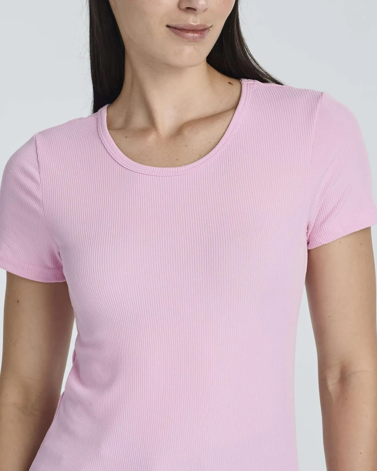 Real Essentials 4 Pack: Women's Ribbed Knit Short Sleeve Crew Neck T-Shirt (Available in Plus)