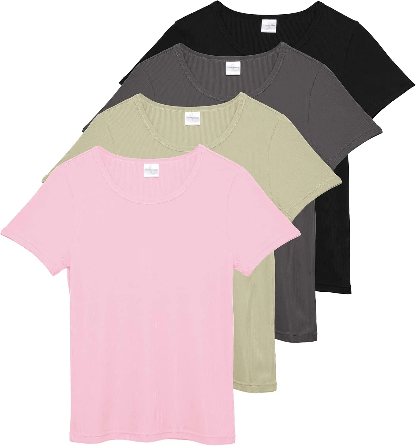Real Essentials 4 Pack: Women's Ribbed Knit Short Sleeve Crew Neck T-Shirt (Available in Plus)