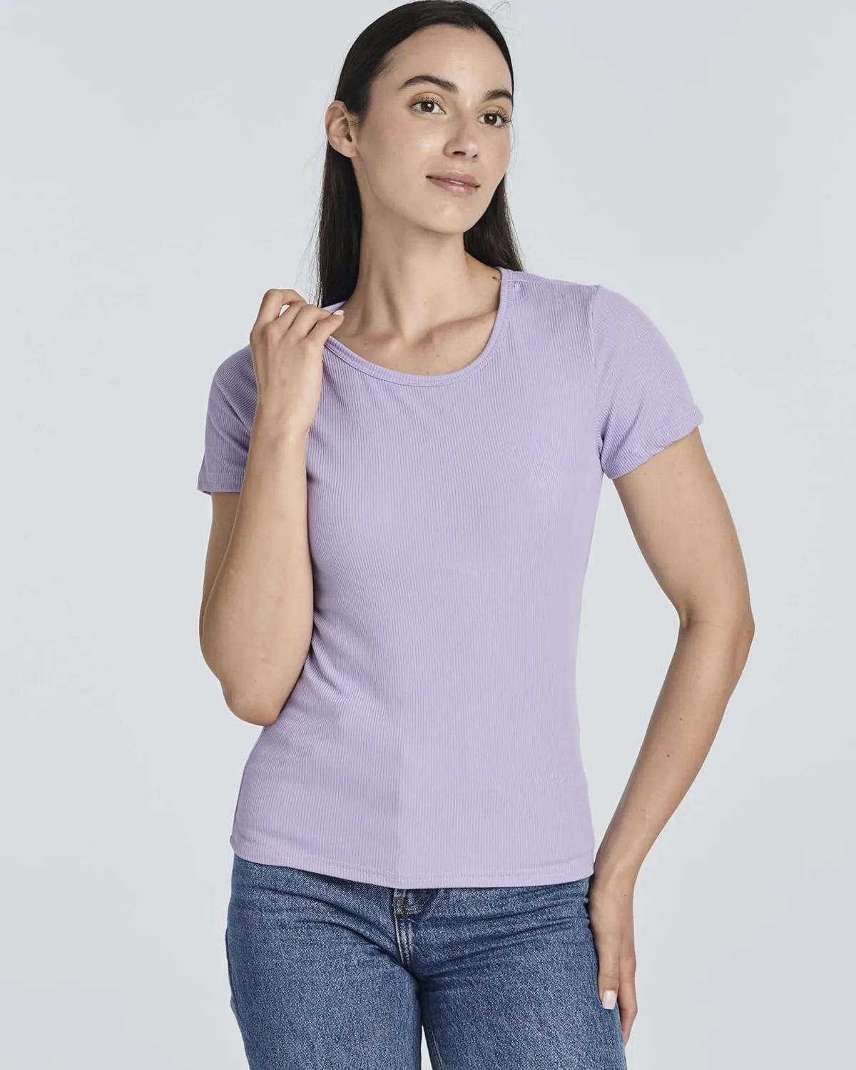 Real Essentials 4 Pack: Women's Ribbed Knit Short Sleeve Crew Neck T-Shirt (Available in Plus)
