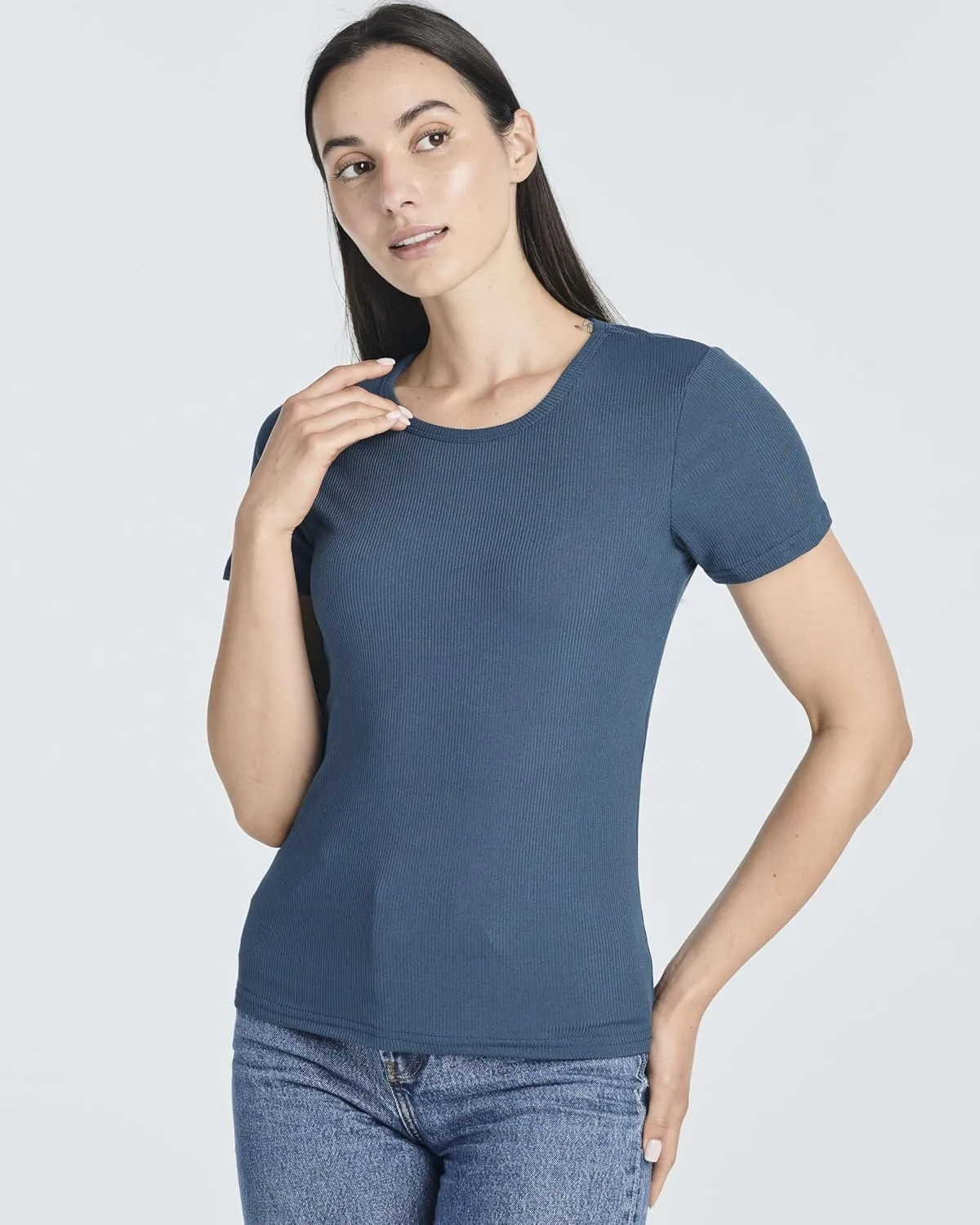 Real Essentials 4 Pack: Women's Ribbed Knit Short Sleeve Crew Neck T-Shirt (Available in Plus)