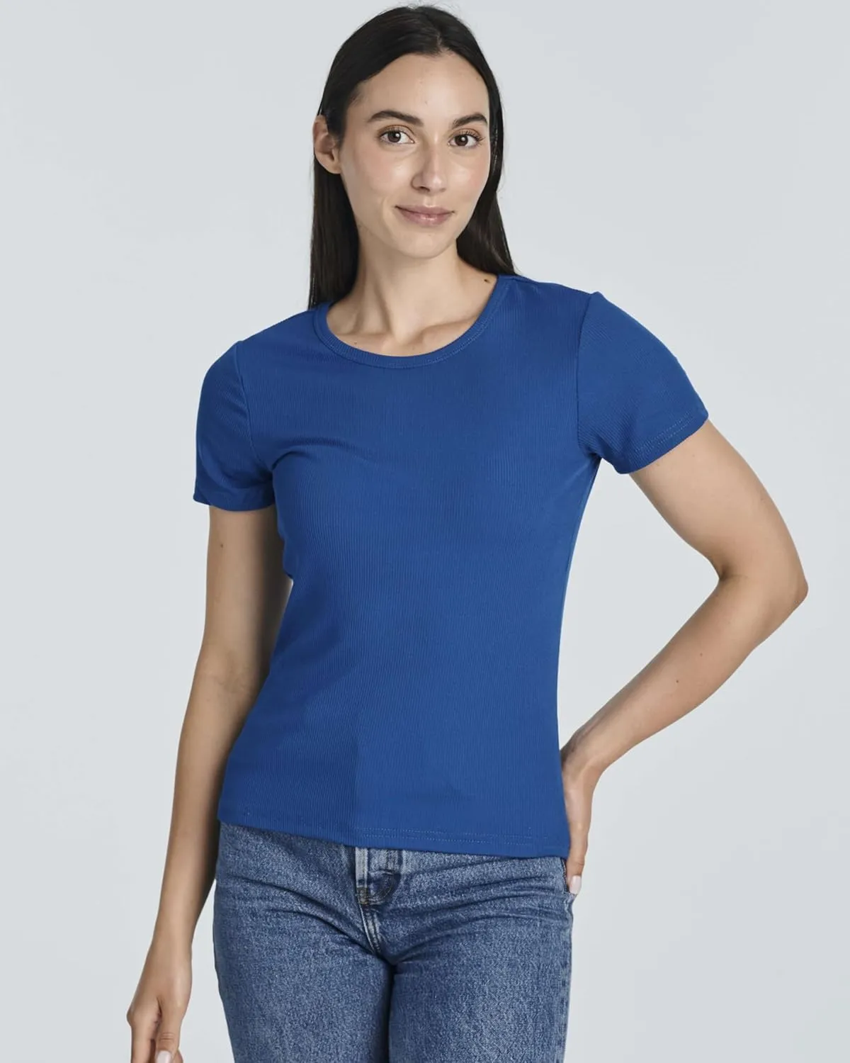 Real Essentials 4 Pack: Women's Ribbed Knit Short Sleeve Crew Neck T-Shirt (Available in Plus)