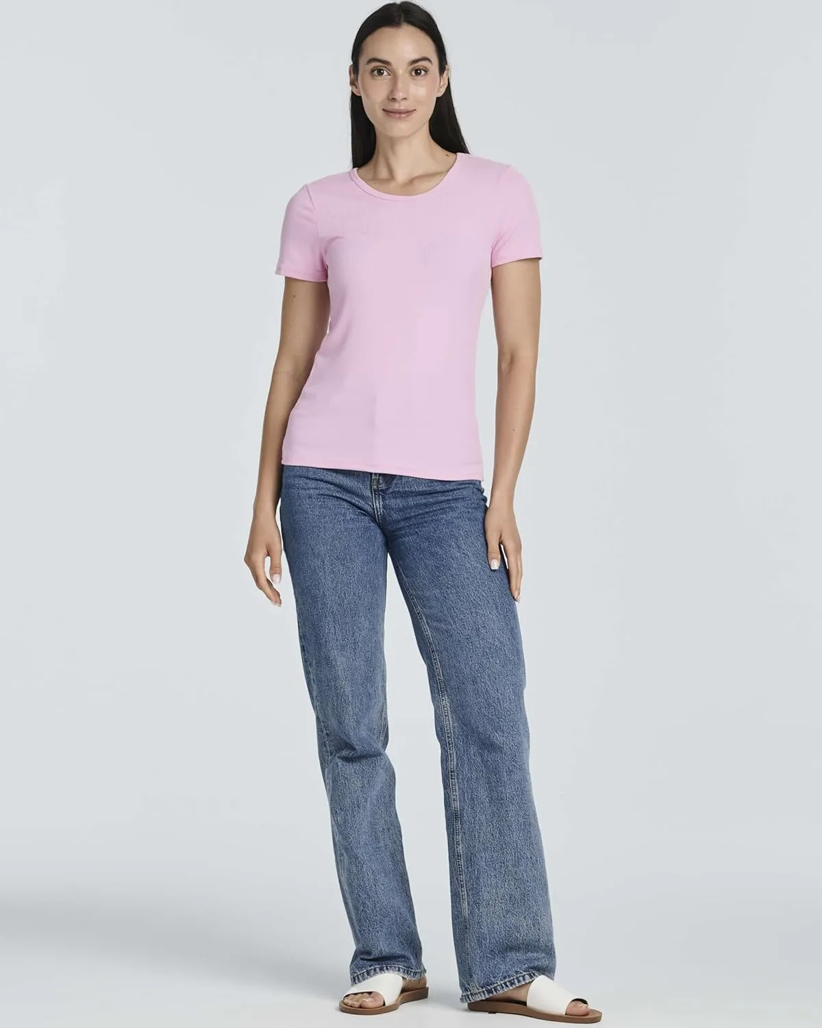 Real Essentials 4 Pack: Women's Ribbed Knit Short Sleeve Crew Neck T-Shirt (Available in Plus)
