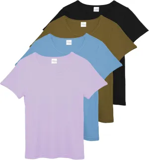 Real Essentials 4 Pack: Women's Ribbed Knit Short Sleeve Crew Neck T-Shirt (Available in Plus)