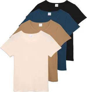 Real Essentials 4 Pack: Women's Ribbed Knit Short Sleeve Crew Neck T-Shirt (Available in Plus)