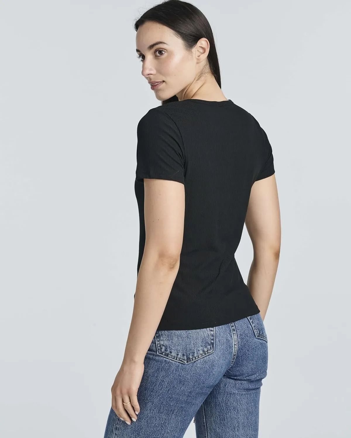 Real Essentials 4 Pack: Women's Ribbed Knit Short Sleeve Crew Neck T-Shirt (Available in Plus)
