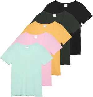 Real Essentials 5 Pack: Women's Soft Ribbed Short Sleeve V-Neck T-Shirt Casual Summer Tee Shirts