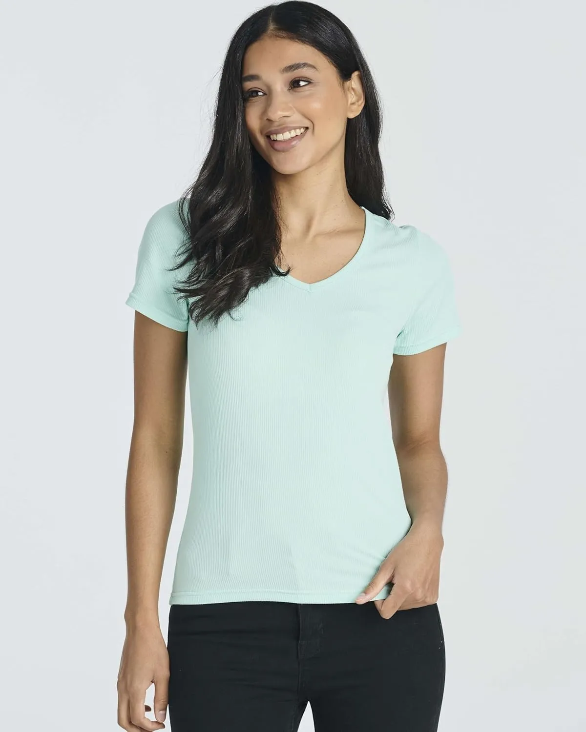 Real Essentials 5 Pack: Women's Soft Ribbed Short Sleeve V-Neck T-Shirt Casual Summer Tee Shirts