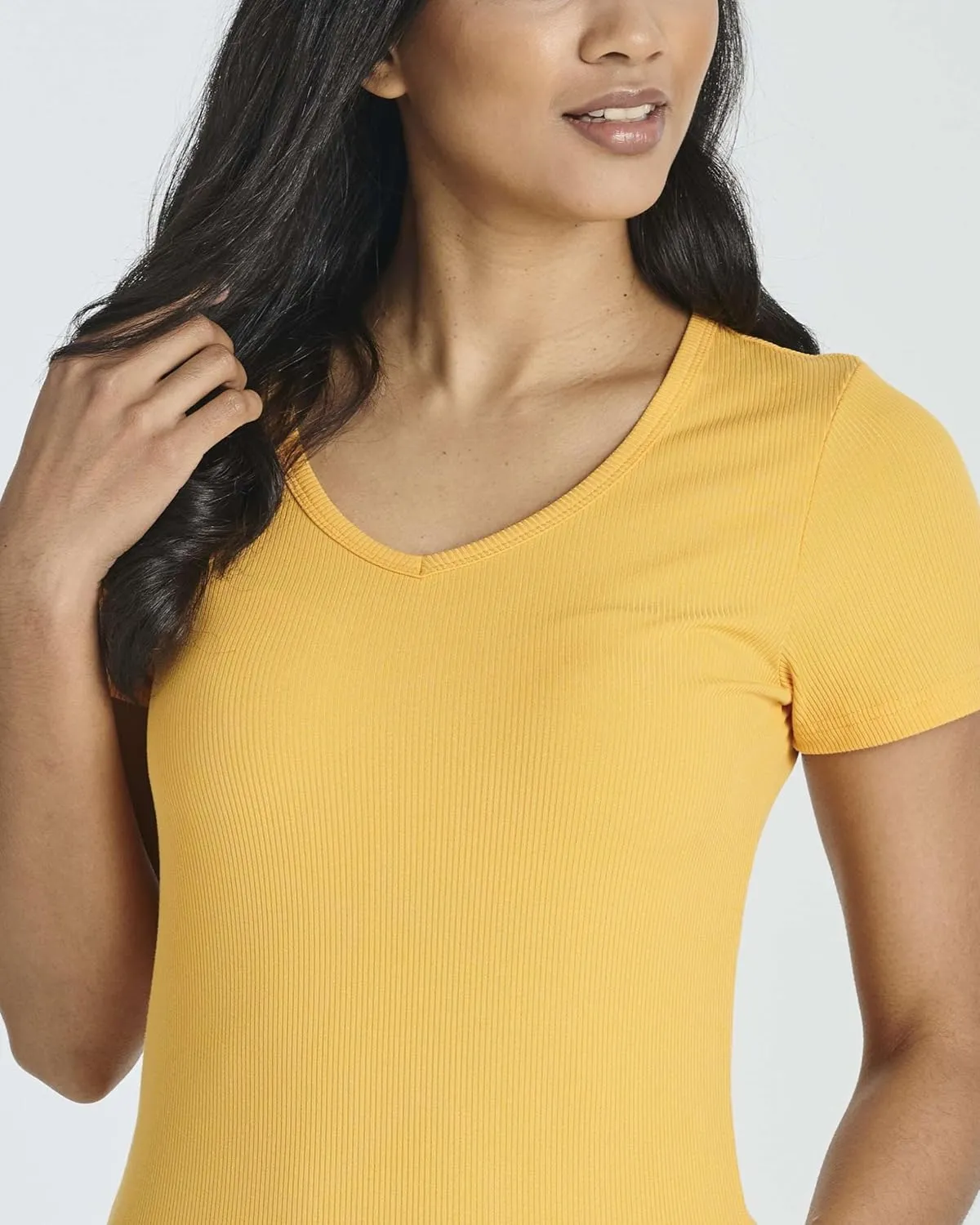 Real Essentials 5 Pack: Women's Soft Ribbed Short Sleeve V-Neck T-Shirt Casual Summer Tee Shirts