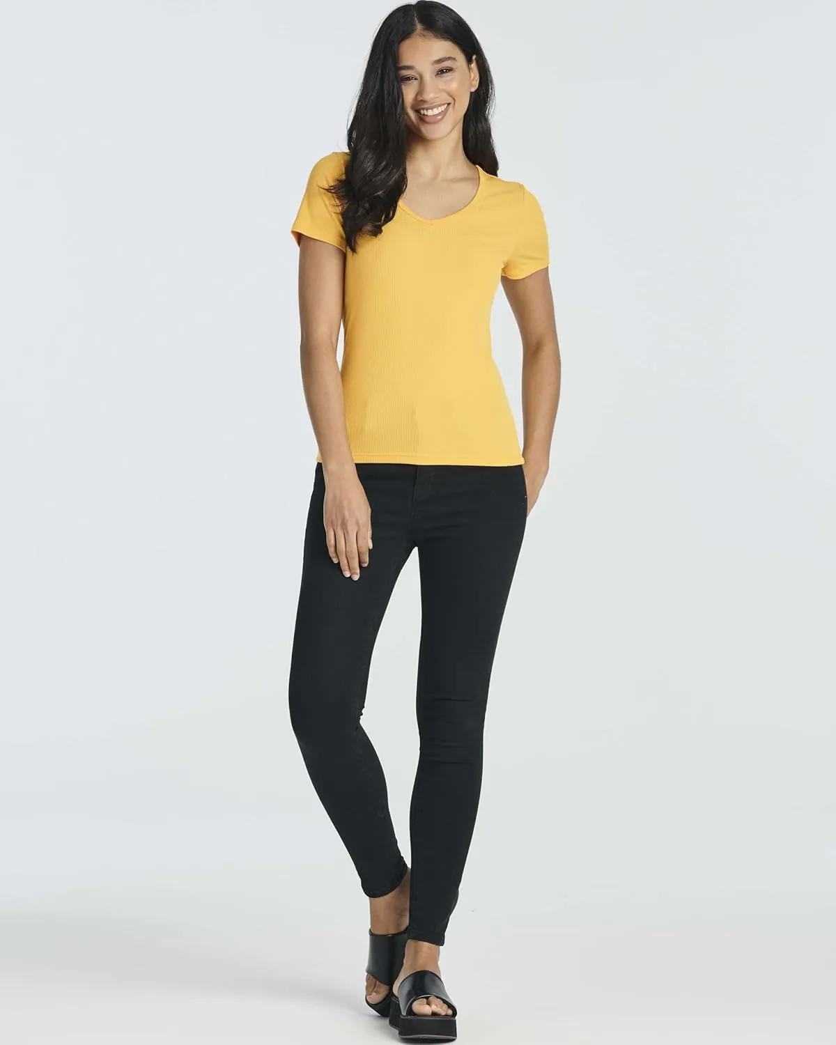 Real Essentials 5 Pack: Women's Soft Ribbed Short Sleeve V-Neck T-Shirt Casual Summer Tee Shirts