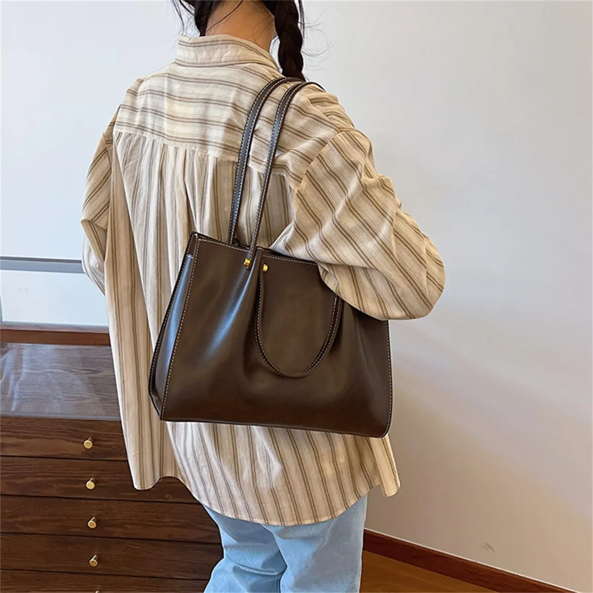 Retro Large Capacity Slouchy Work Tote Bag with Zipper,Fashion PU Satchel Handbag,Women's Soft Leather Shoulder Travel Purse