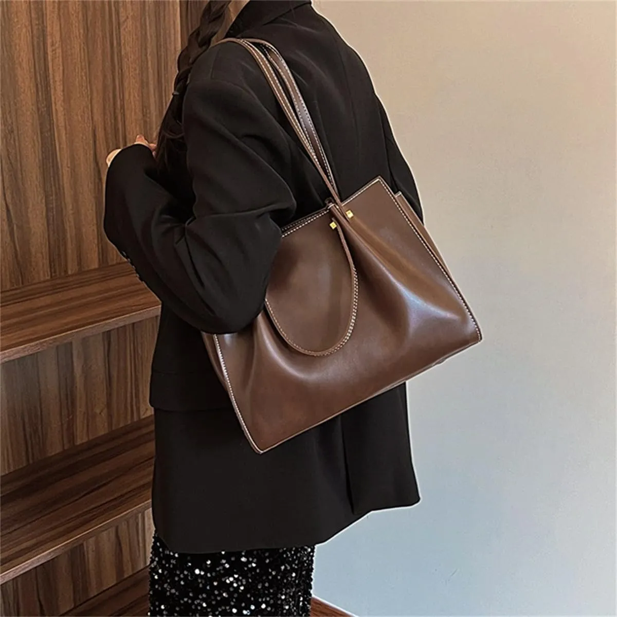 Retro Large Capacity Slouchy Work Tote Bag with Zipper,Fashion PU Satchel Handbag,Women's Soft Leather Shoulder Travel Purse