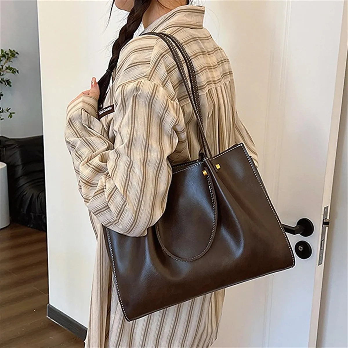 Retro Large Capacity Slouchy Work Tote Bag with Zipper,Fashion PU Satchel Handbag,Women's Soft Leather Shoulder Travel Purse