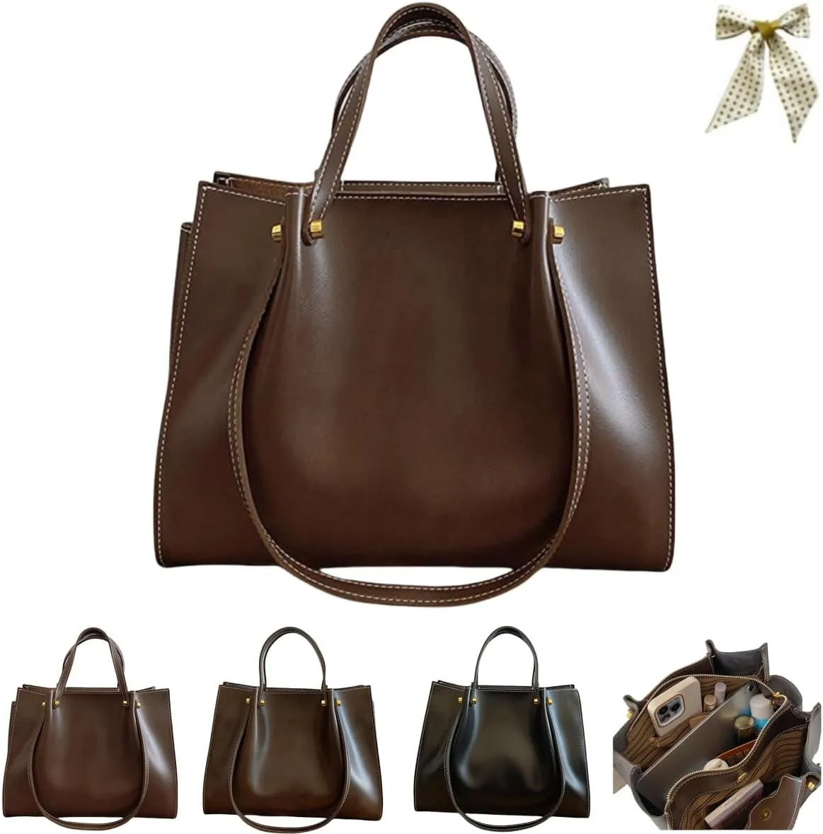Retro Large Capacity Slouchy Work Tote Bag with Zipper,Fashion PU Satchel Handbag,Women's Soft Leather Shoulder Travel Purse