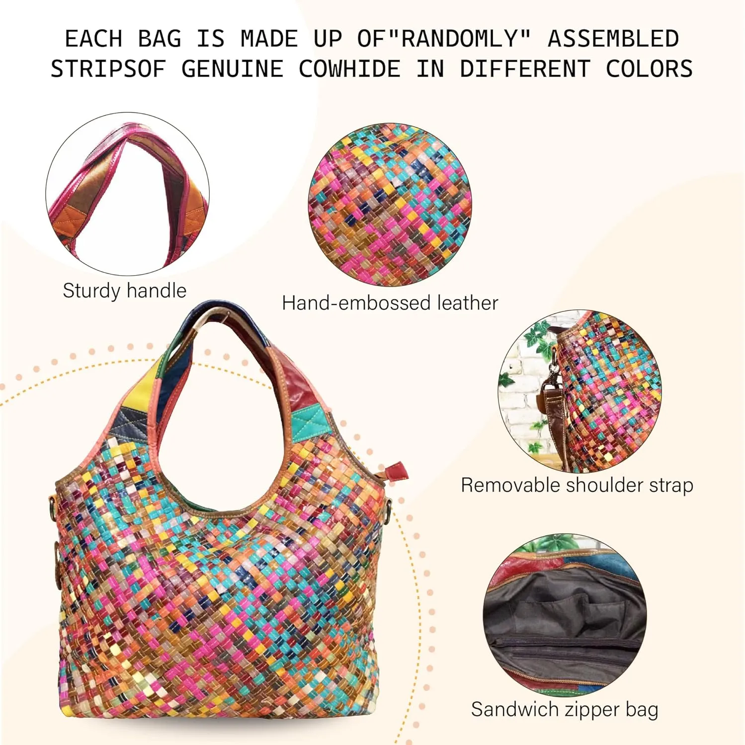 Riutiru Women's Mosaic Style Genuine Leather Handwoven Unique Style Diagonal Shoulder Handbag