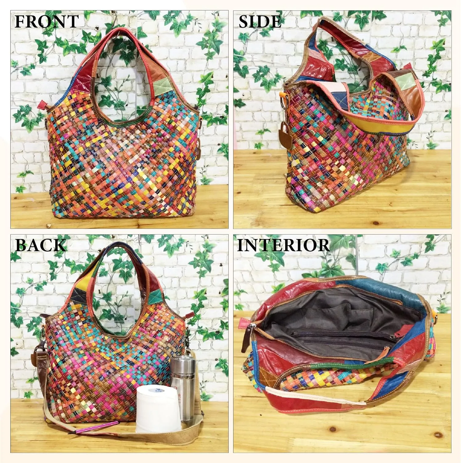 Riutiru Women's Mosaic Style Genuine Leather Handwoven Unique Style Diagonal Shoulder Handbag