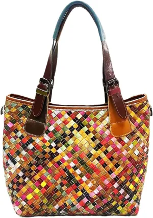 Riutiru Women's Mosaic Style Genuine Leather Handwoven Unique Style Diagonal Shoulder Handbag