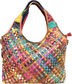 Riutiru Women's Mosaic Style Genuine Leather Handwoven Unique Style Diagonal Shoulder Handbag