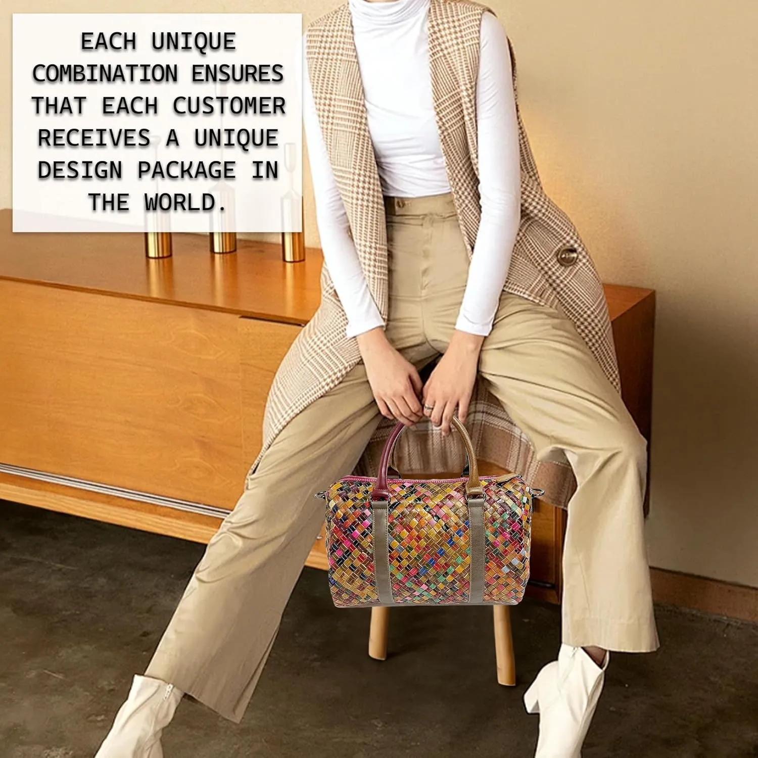 Riutiru Women's Mosaic Style Genuine Leather Handwoven Unique Style Diagonal Shoulder Handbag